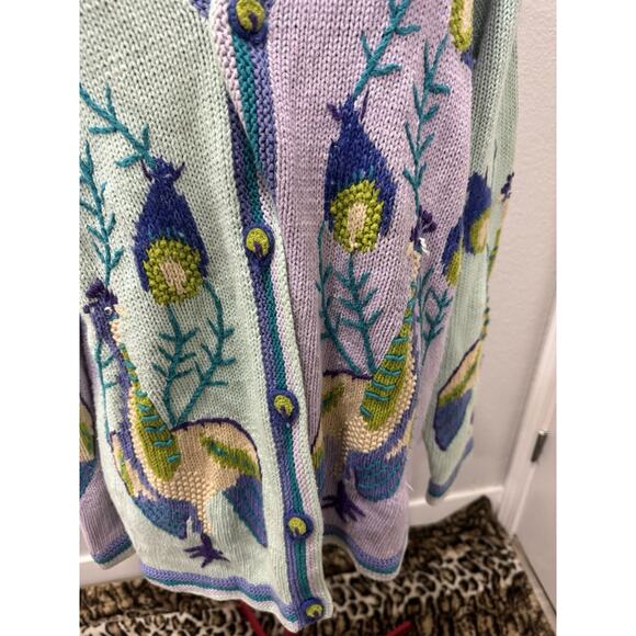 Vtg Novelty Peacock Cardigan, Bird Pattern Pastel Knit Sweater, Funky Grannycore - Picture 3 of 9
